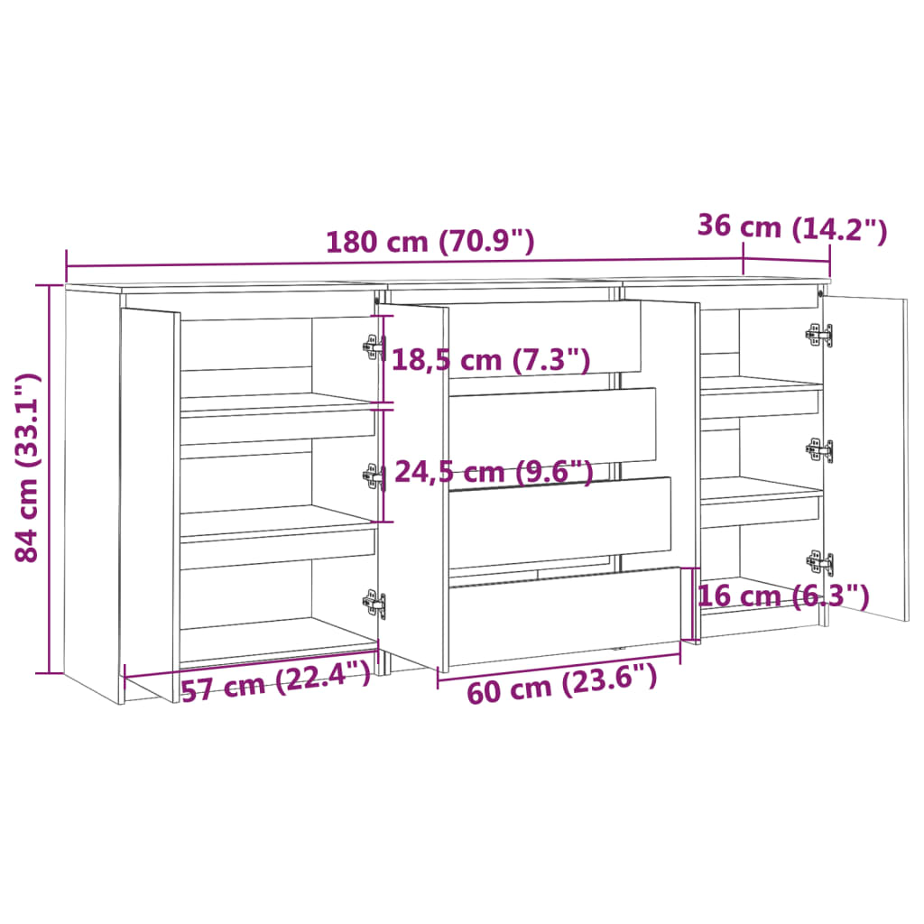 Armadietti laterali 3 pz. Legno di pino massiccio