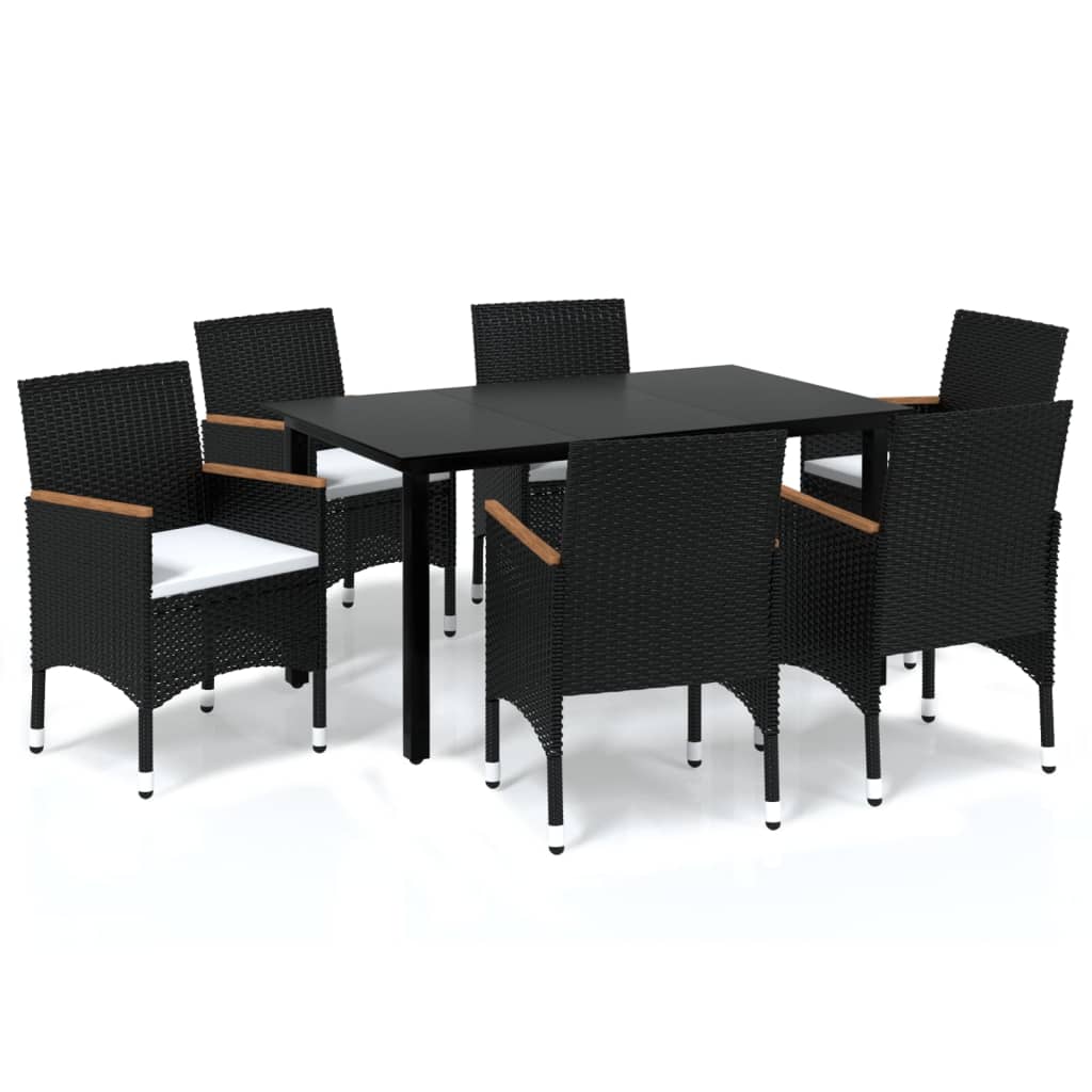 Mobilier à dîner de jardin et coussins 7pcs Résine tressée Noir