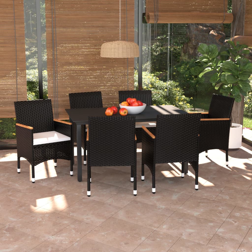 Mobilier à dîner de jardin et coussins 7pcs Résine tressée Noir