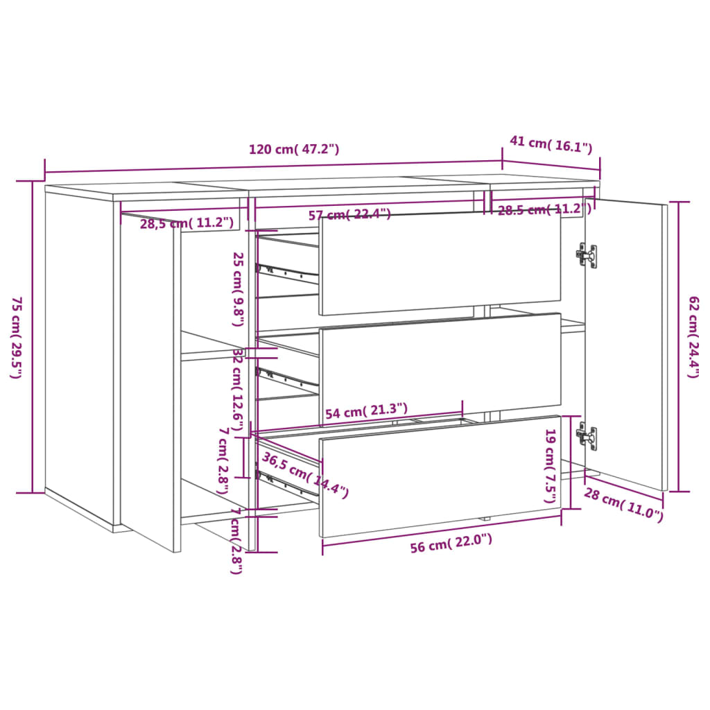 Buffet mit 3 weißen Schubladen 120x41x75 cm agglomeriert