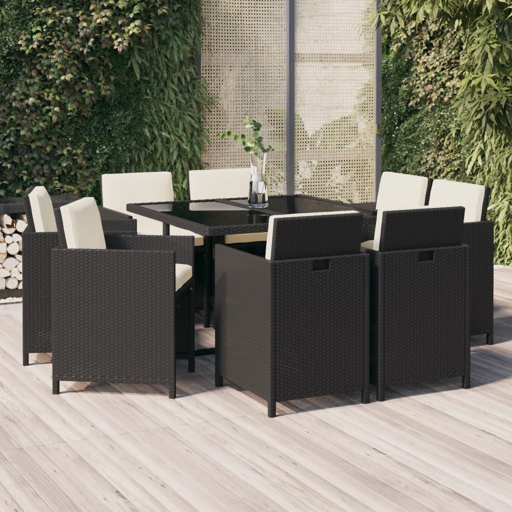 Mobilier à dîner de jardin et coussins 9pcs Résine tressée Noir