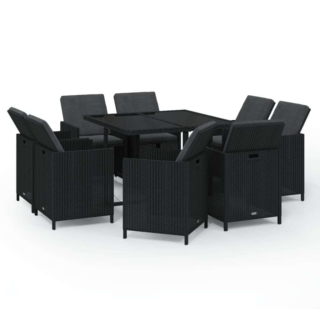 Mobilier à dîner de jardin et coussins 9pcs Résine tressée Noir