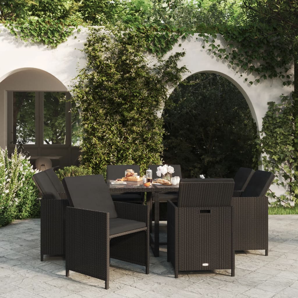 Mobilier à dîner de jardin et coussins 9pcs Résine tressée Noir