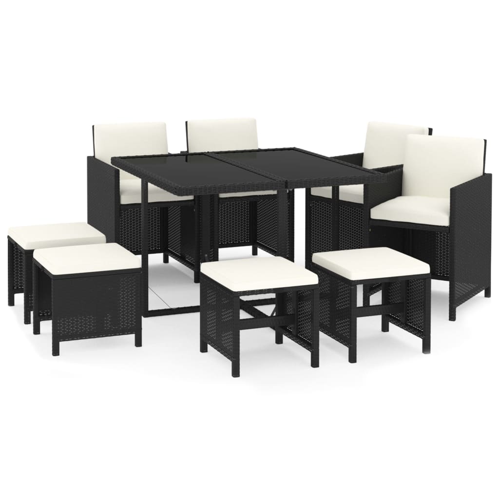 Mobilier à dîner de jardin et coussins 9pcs Résine tressée Noir