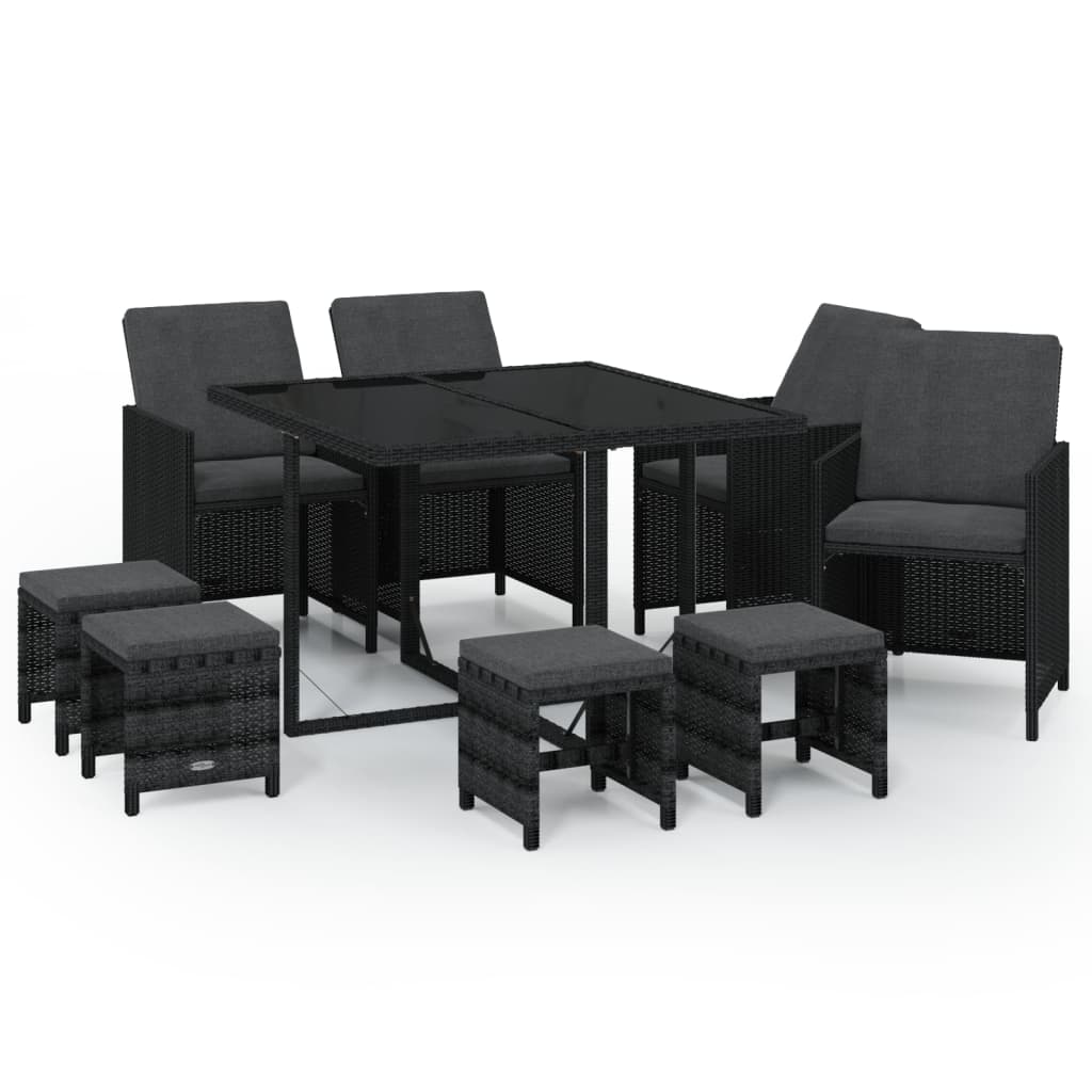 Mobilier à dîner de jardin et coussins 9pcs Résine tressée Noir