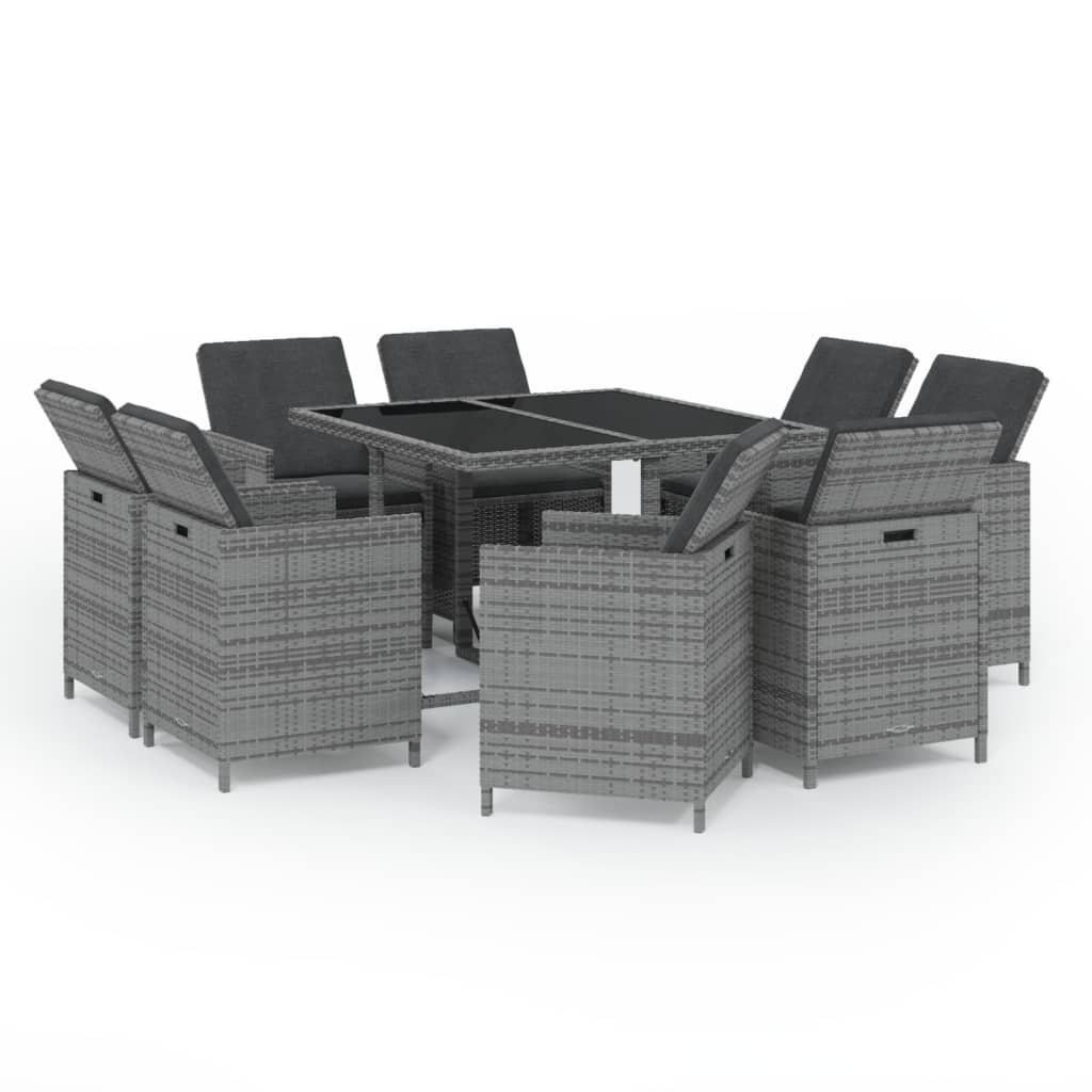 Mobilier à dîner de jardin et coussins 9pcs Résine tressée Gris