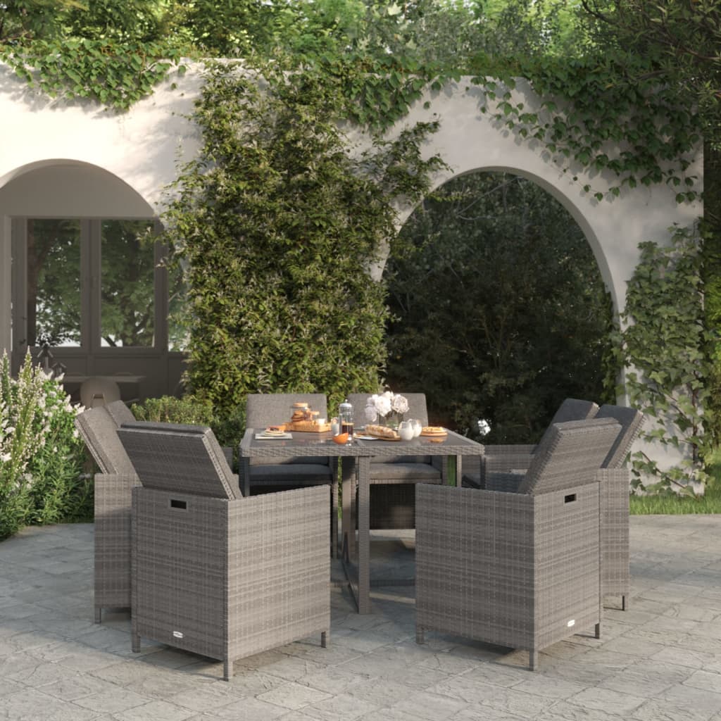 Mobilier à dîner de jardin et coussins 9pcs Résine tressée Gris