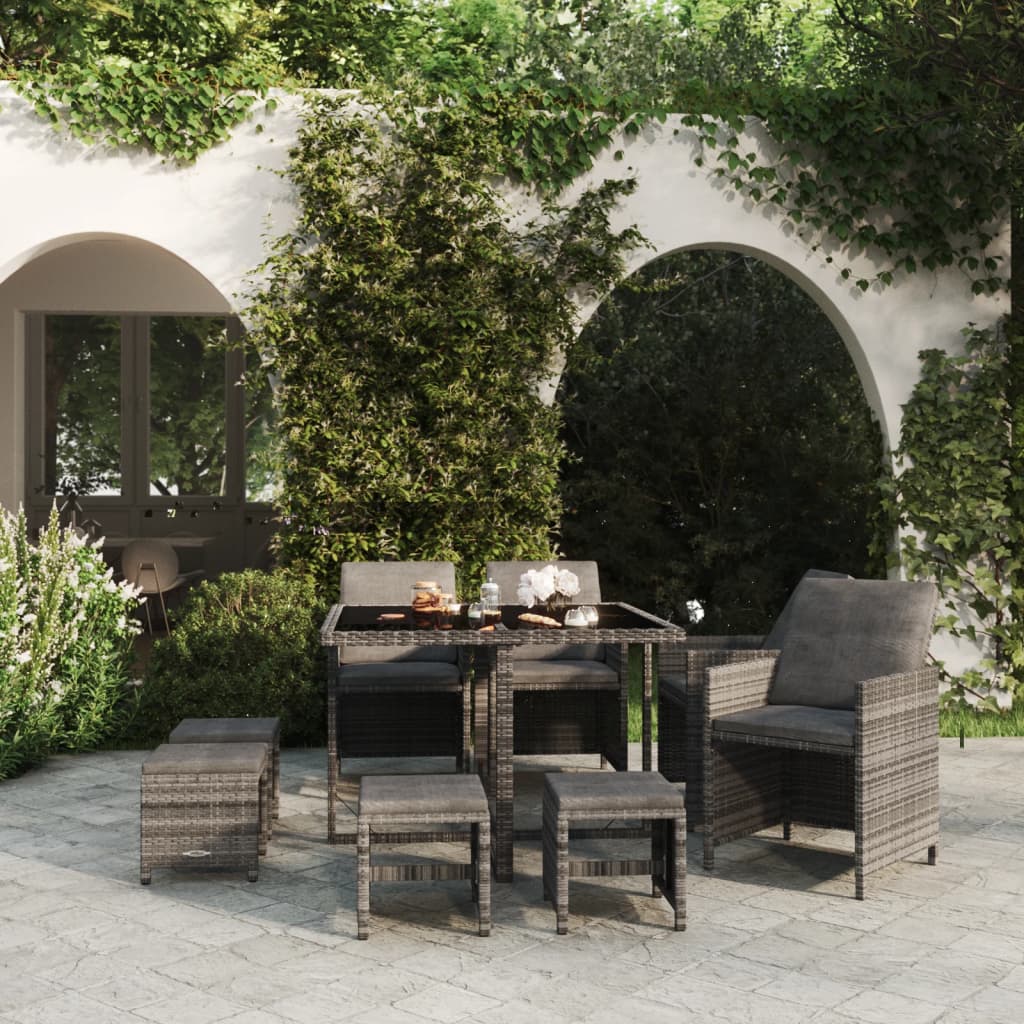 Mobilier à dîner de jardin et coussins 9pcs Résine tressée Gris