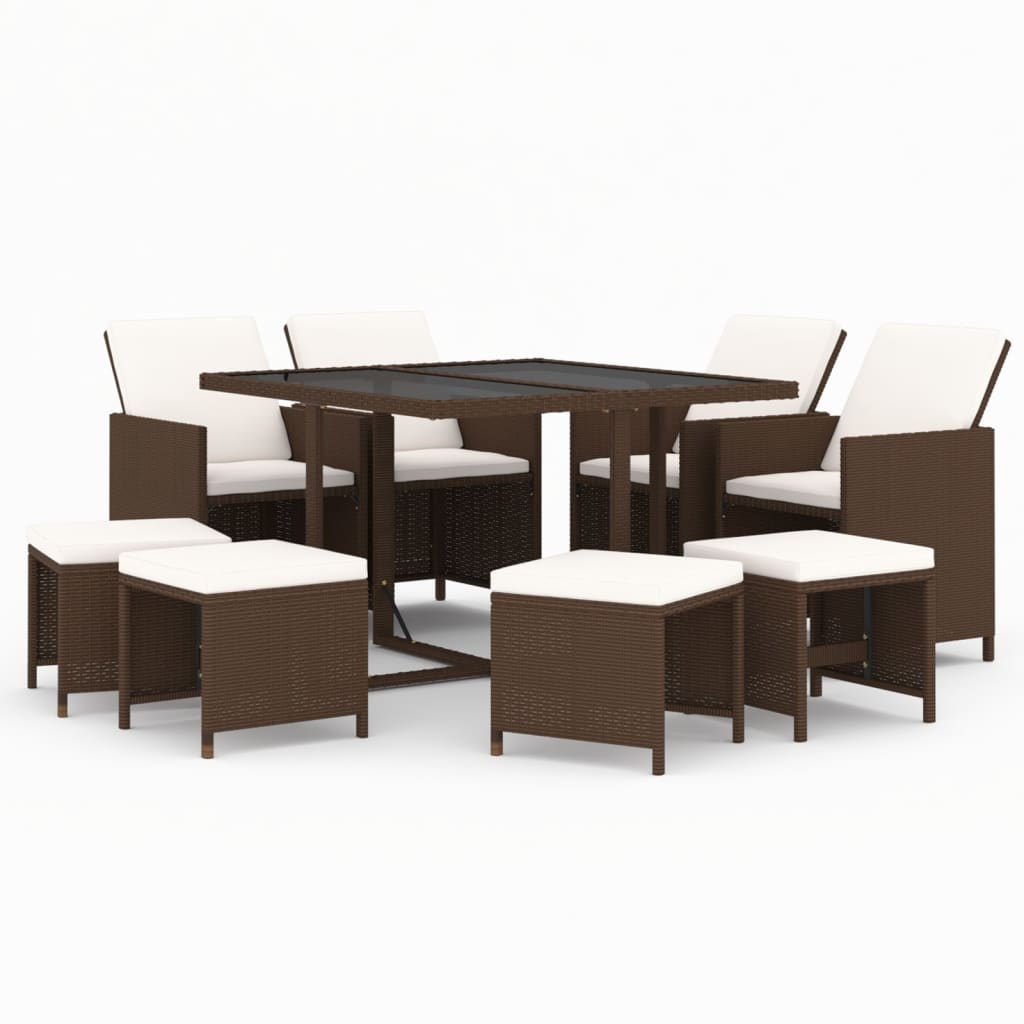 Meubles à dîner de jardin et coussins 9 pcs Poly rotin Marron