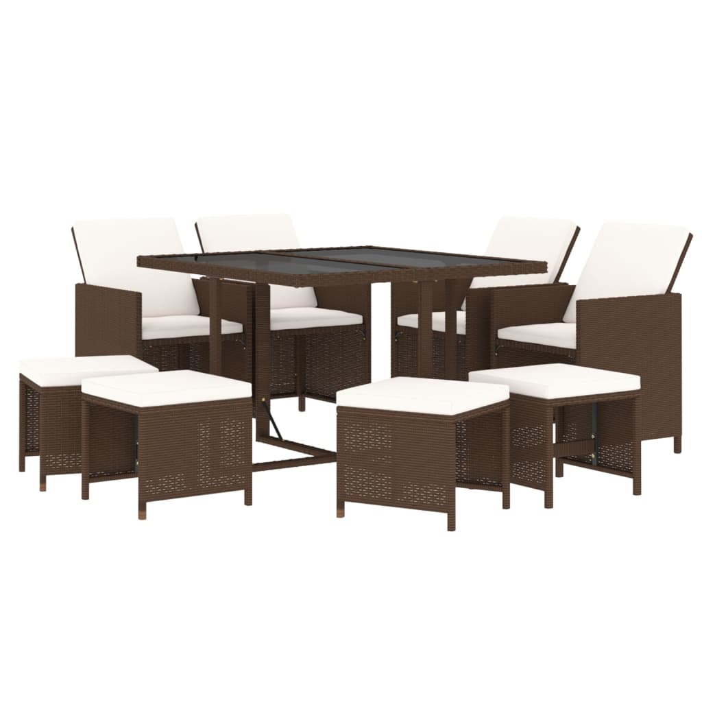 Meubles à dîner de jardin et coussins 9 pcs Poly rotin Marron