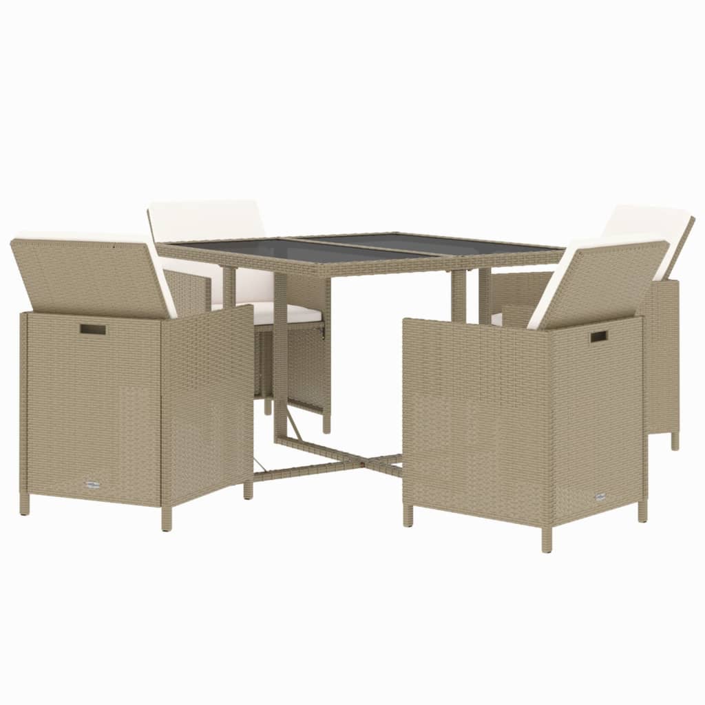 Meubles à dîner de jardin et coussins 5 pcs Poly rotin Beige