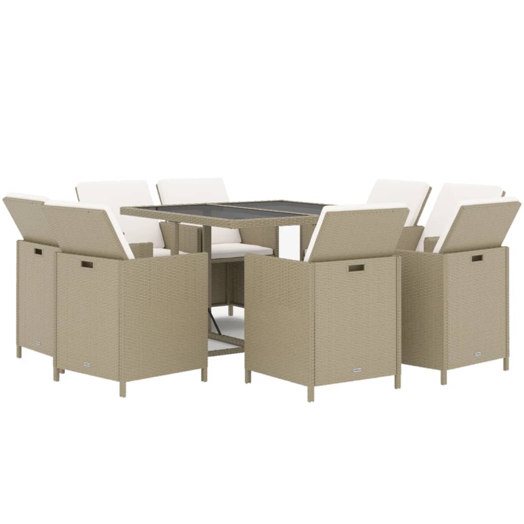 Meubles à dîner de jardin et coussins 9 pcs Poly rotin Beige