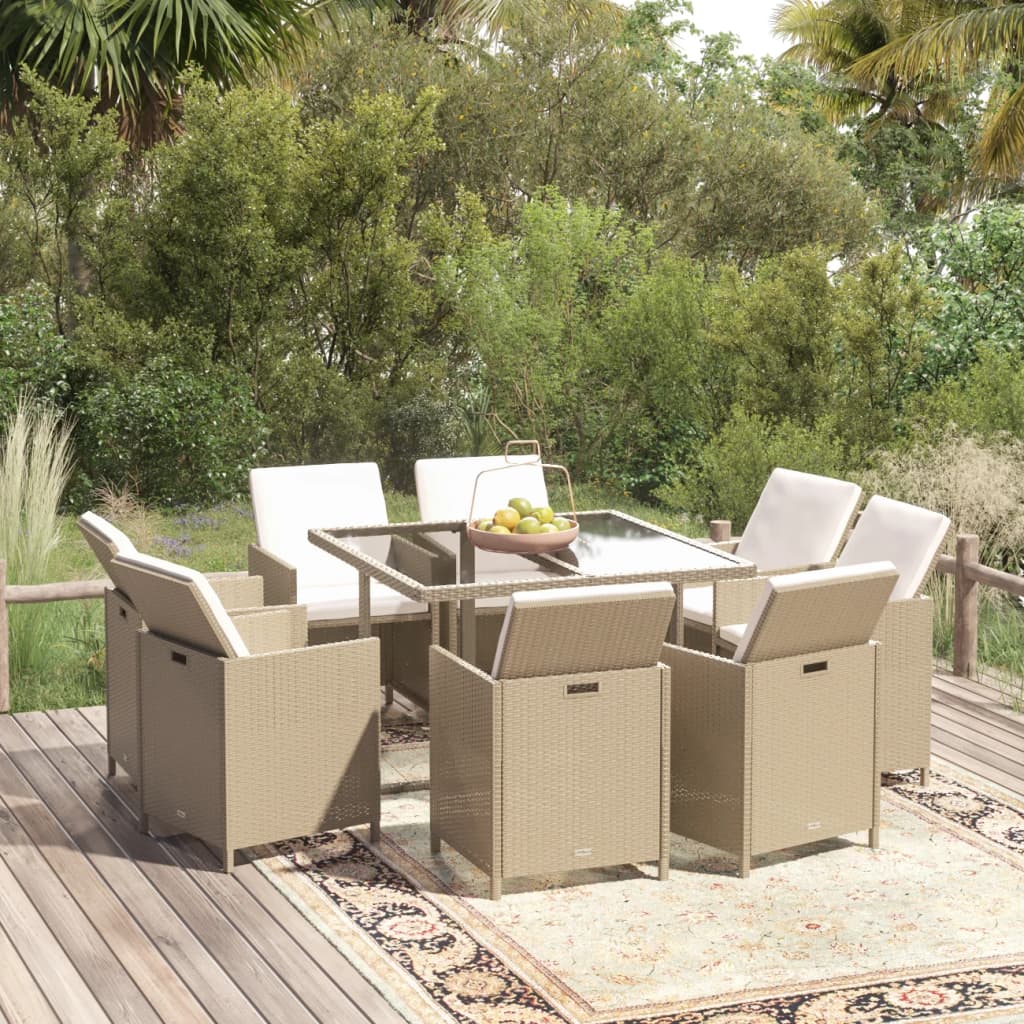 Meubles à dîner de jardin et coussins 9 pcs Poly rotin Beige