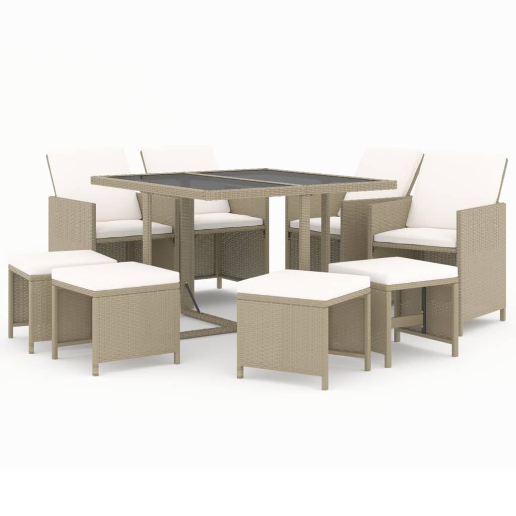 Meubles à dîner de jardin et coussins 9 pcs Poly rotin Beige