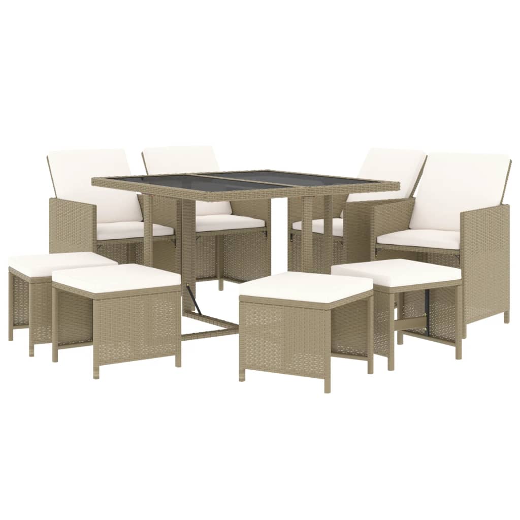 Meubles à dîner de jardin et coussins 9 pcs Poly rotin Beige