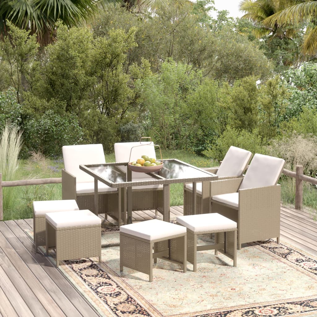 Mobili da pranzo e cuscini da giardino 9 pz. Polyrattan Beige