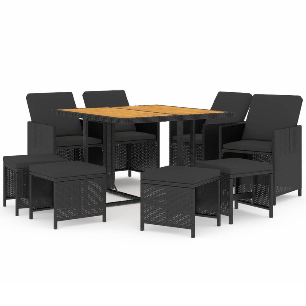 Mobilier à dîner de jardin et coussins 9pcs Résine tressée Noir