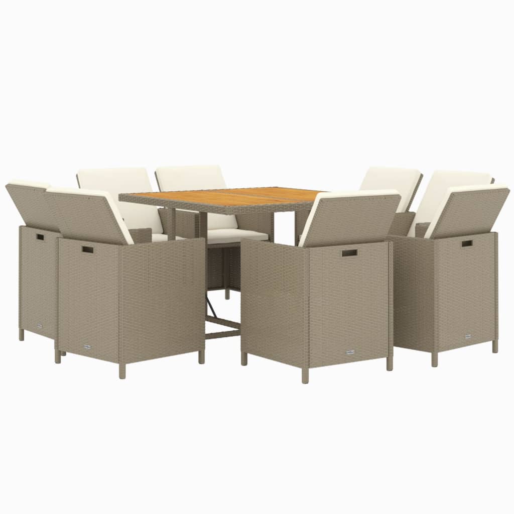 Meubles à dîner de jardin et coussins 9 pcs Poly rotin Beige