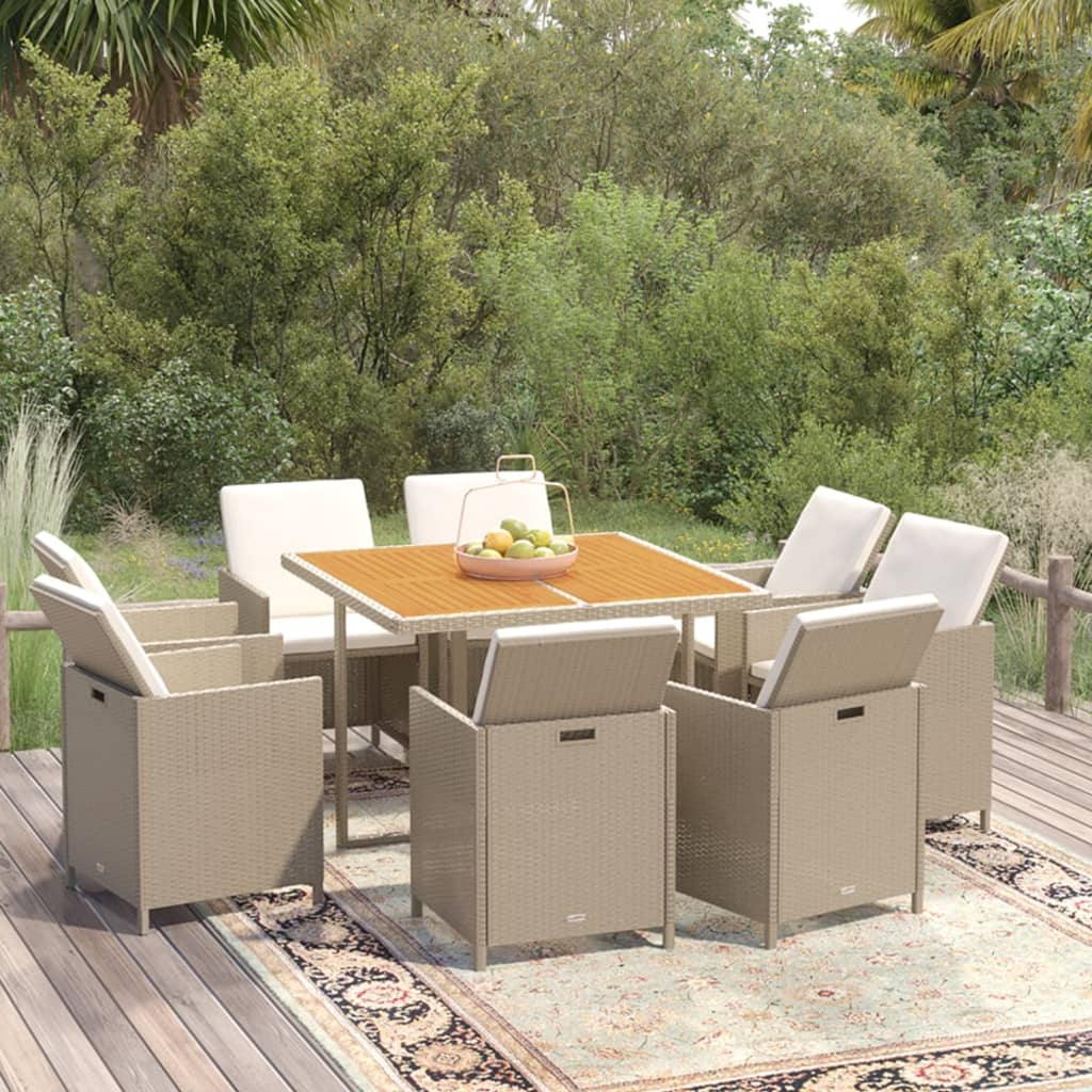 Mobili da pranzo e cuscini da giardino 9 pz. Polyrattan Beige