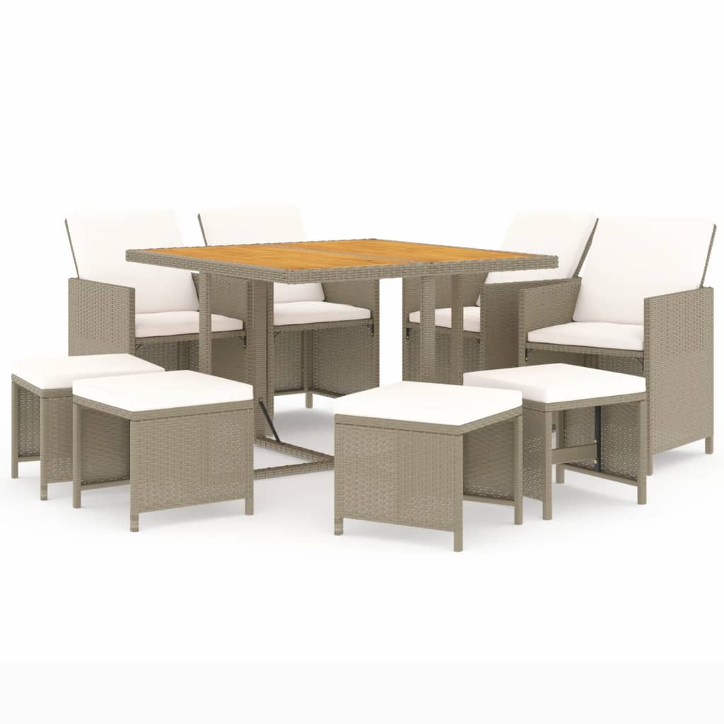 Meubles à dîner de jardin et coussins 9 pcs Poly rotin Beige