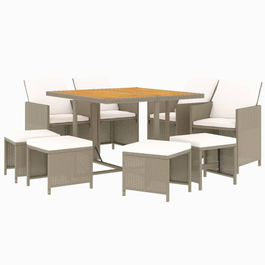 Meubles à dîner de jardin et coussins 9 pcs Poly rotin Beige