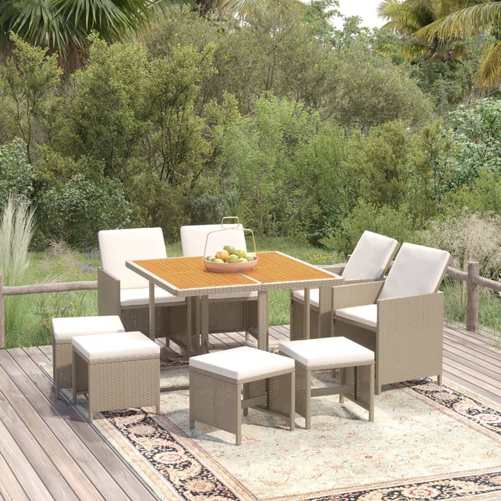 Mobili da pranzo e cuscini da giardino 9 pz. Polyrattan Beige