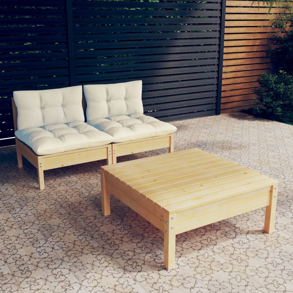 3 mobili da giardino con cuscini in legno di pino color crema