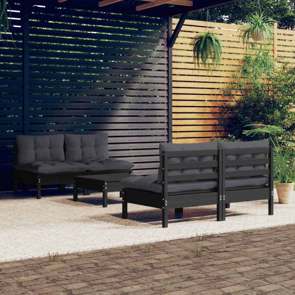 Salon de jardin 5 pcs avec coussins anthracite Bois de pin