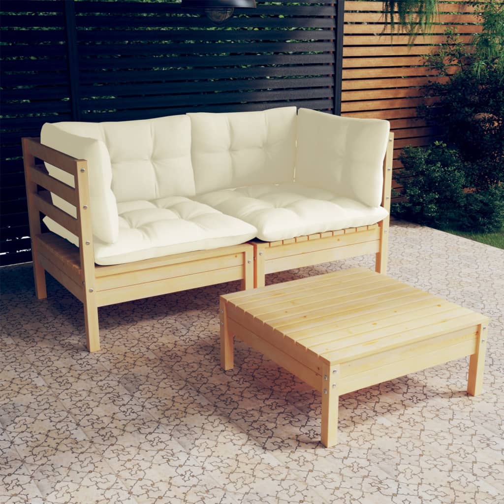 Salon de jardin 3 pcs avec coussins crème Bois de pin