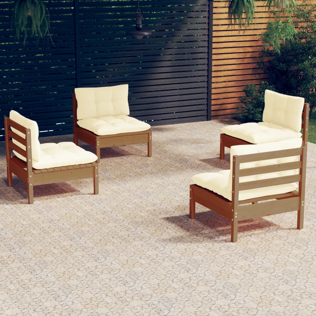 Mobili da giardino 4 pezzi con cuscini color crema. Legno di pino