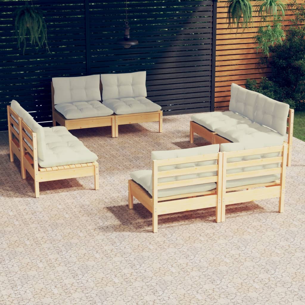 Mobili da giardino da 8 pezzi con cuscini color crema. Legno di pino