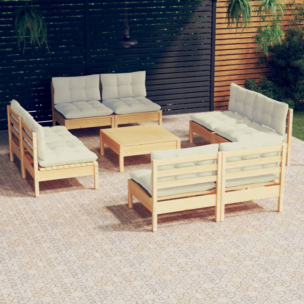 Salon de jardin 9 pcs avec coussins crème bois de pin