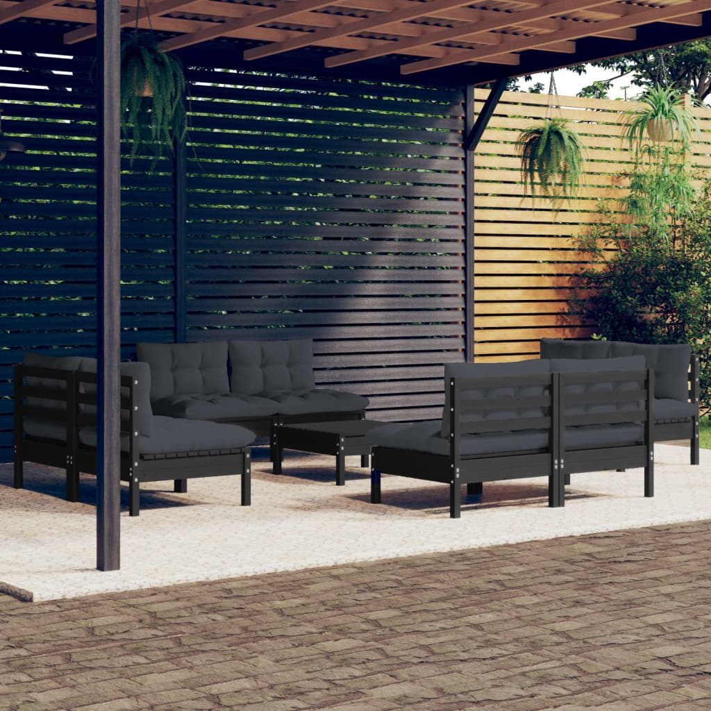 Salon de jardin 9 pcs avec coussins anthracite Bois de pin