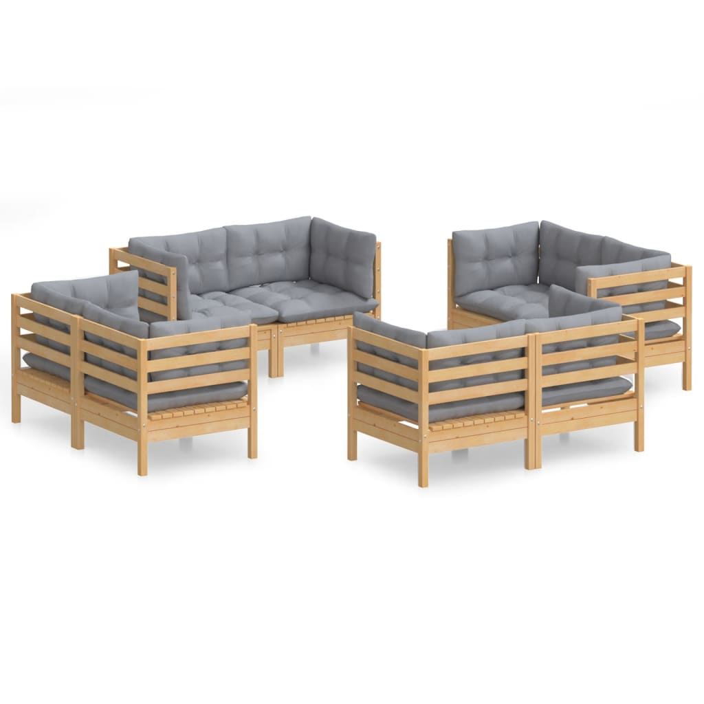 Salon de jardin 8 pcs avec coussins gris Bois de pin