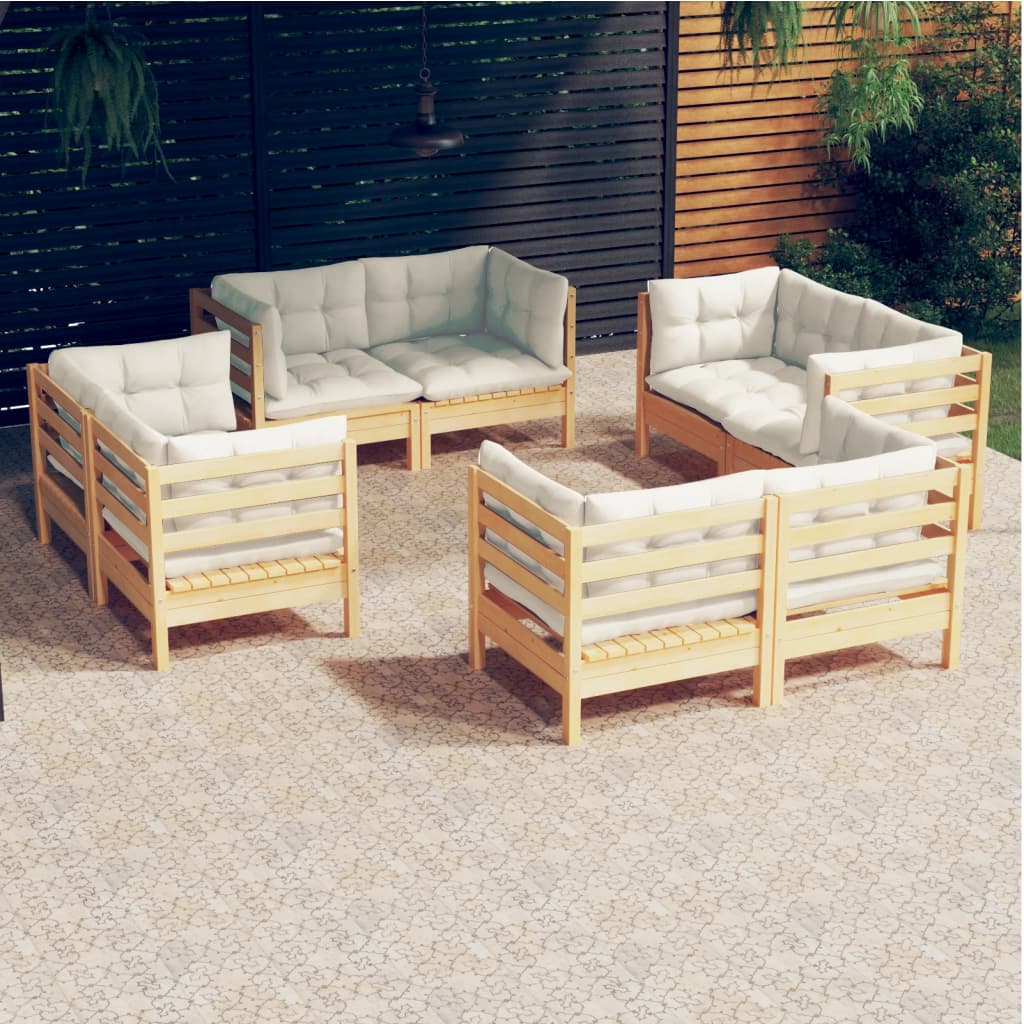 Mobili da giardino da 8 pezzi con cuscini color crema. Legno di pino