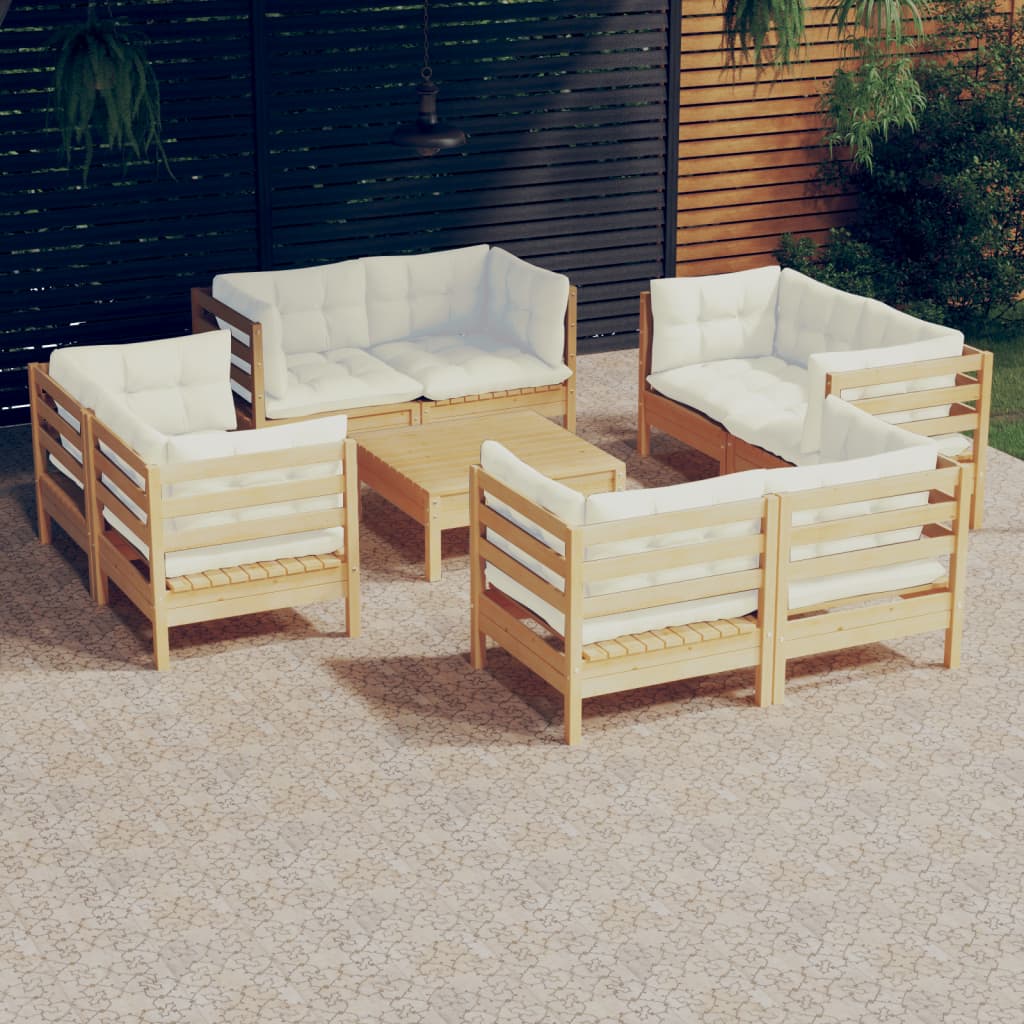 Mobili da giardino da 9 pezzi con cuscini color crema. Legno di pino