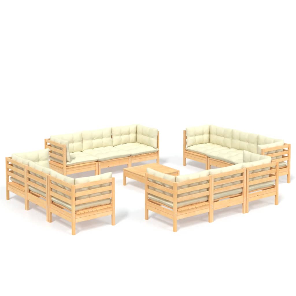 Garden furniture 13 pcs with pine wood cream cushions