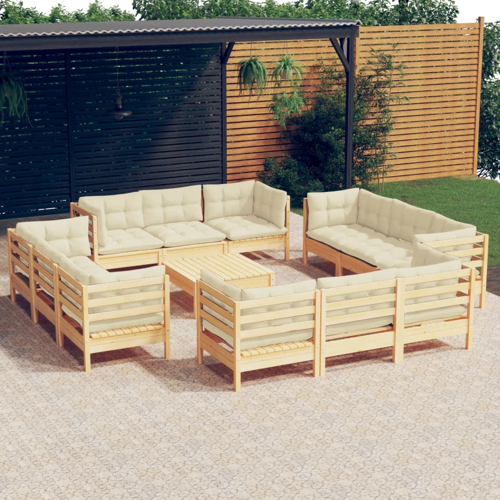 Salon de jardin 13 pcs avec coussins crème bois de pin