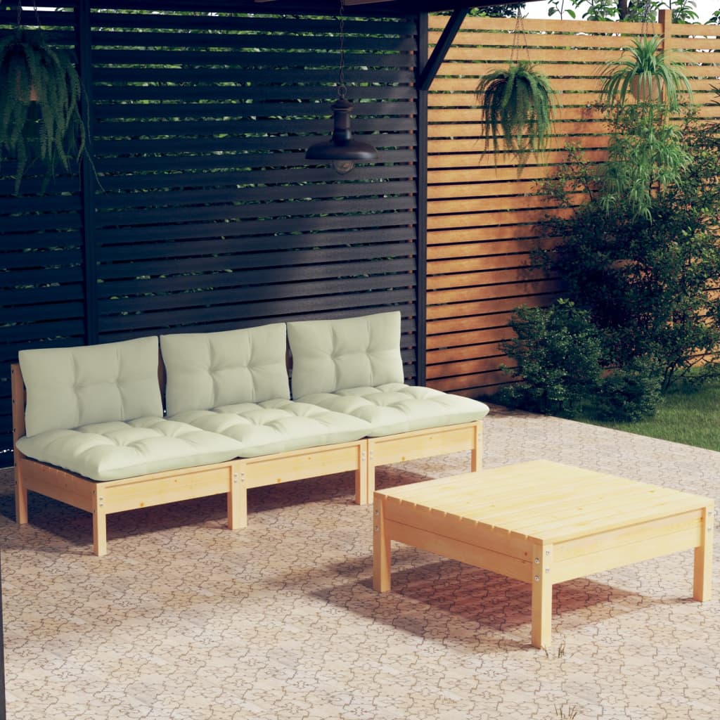 Salon de jardin 4 pcs avec coussins crème bois de pin