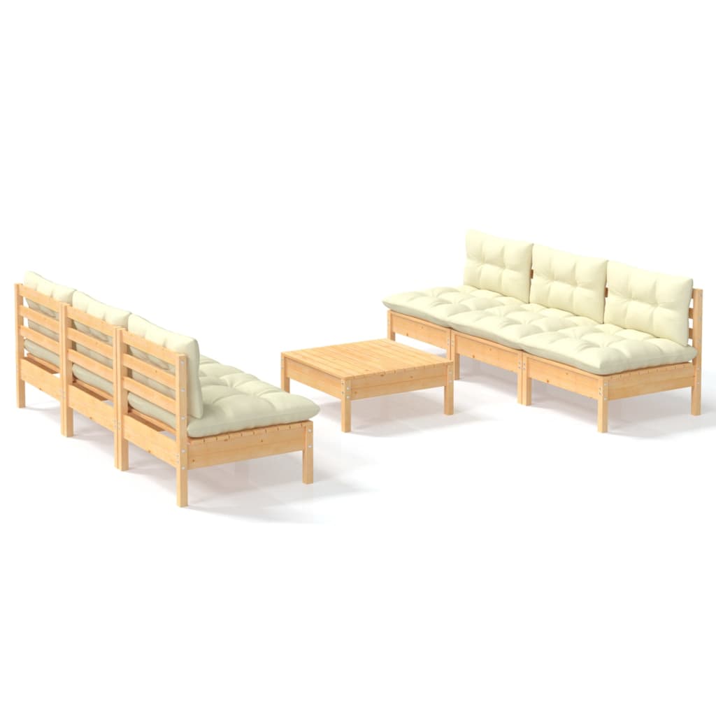 Garden furniture 7 pcs with pine wood cream cushions