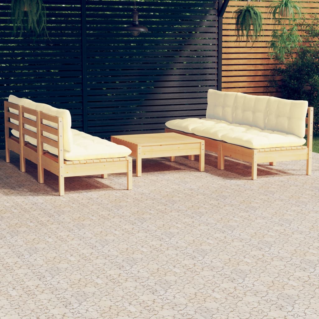 Garden furniture 7 pcs with pine wood cream cushions