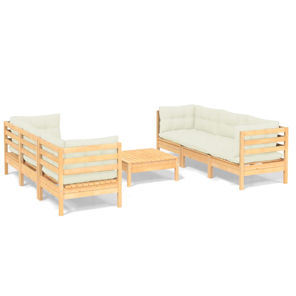 Garden furniture 7 pcs with pine wood cream cushions