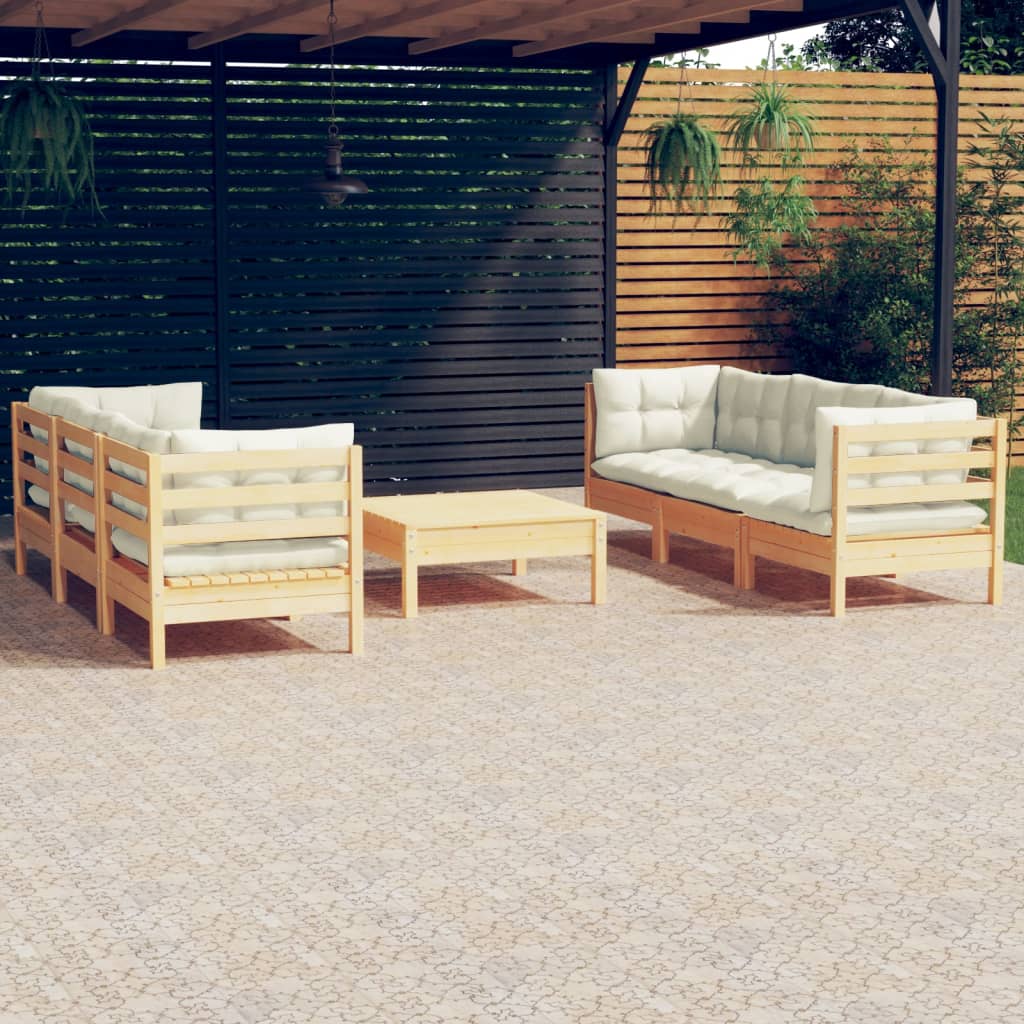 Salon de jardin 7 pcs avec coussins crème bois de pin