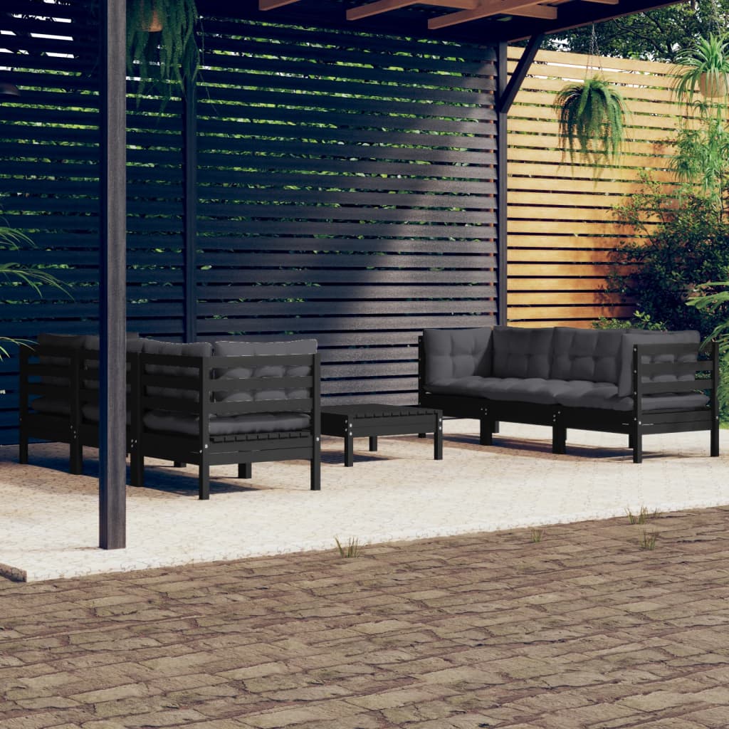 Salon de jardin 7 pcs avec coussins anthracite Bois de pin