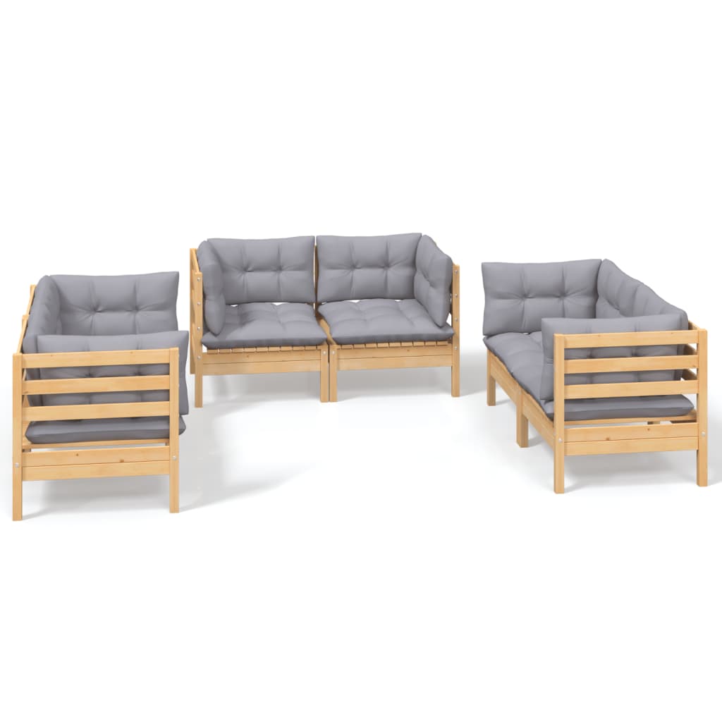 Garden furniture 6 pcs with gray cushions of solid pine wood