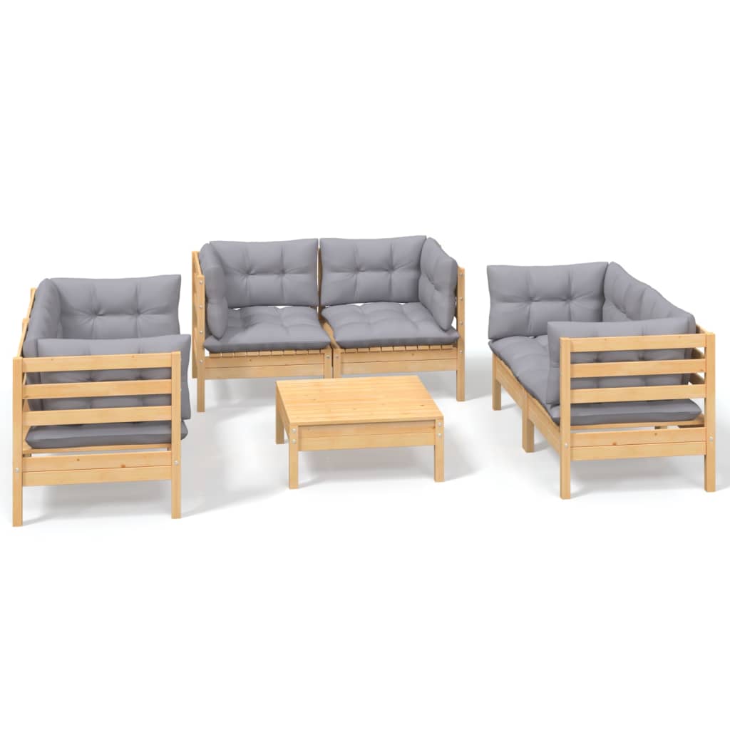 Garden furniture 7 pcs with gray cushions of solid pine wood