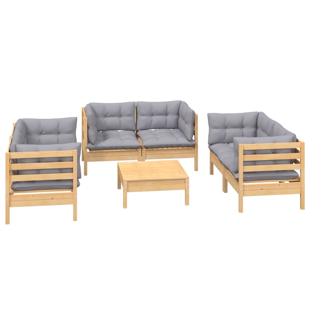 Garden furniture 7 pcs with gray cushions of solid pine wood