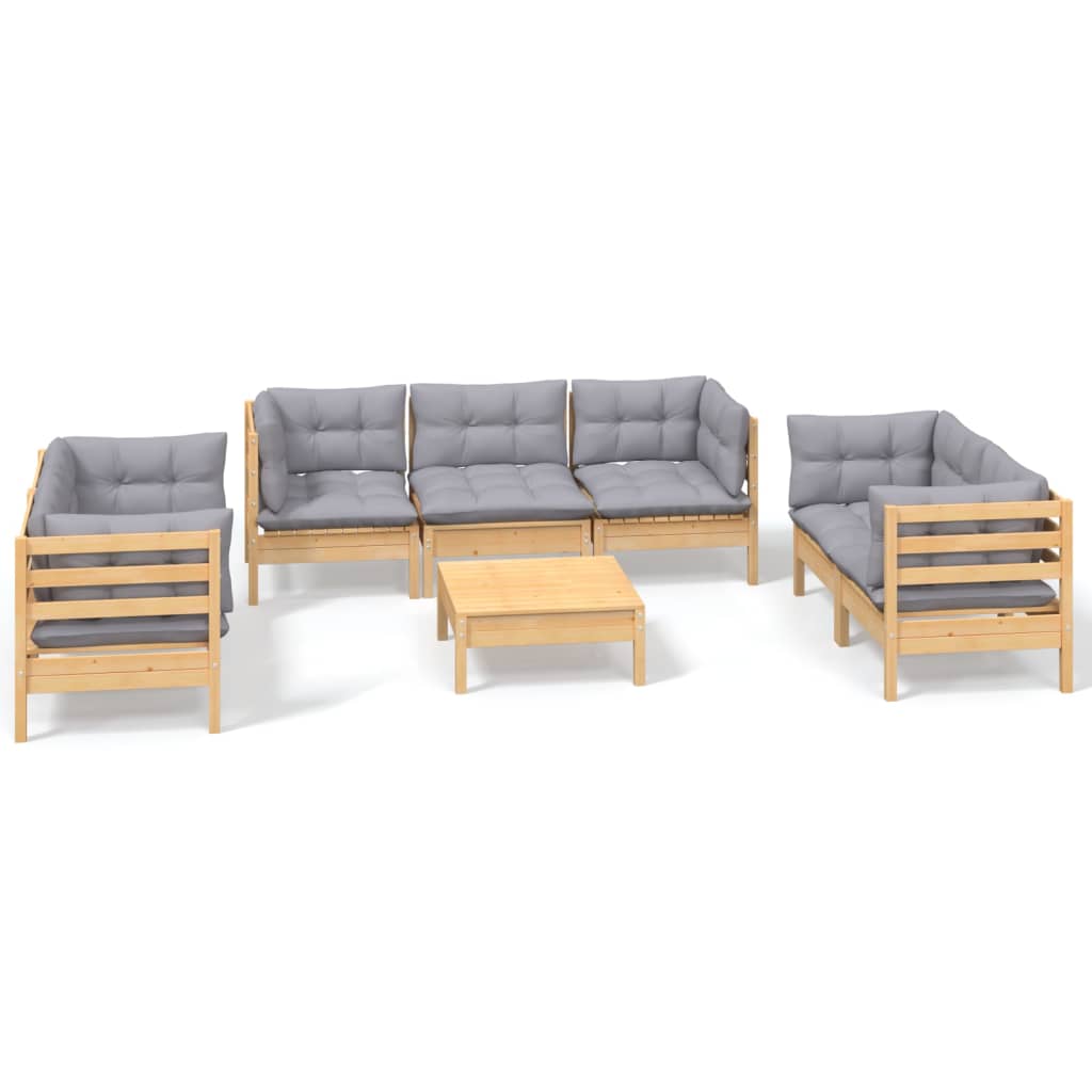 Garden furniture 8 pcs with gray cushions of solid pine wood