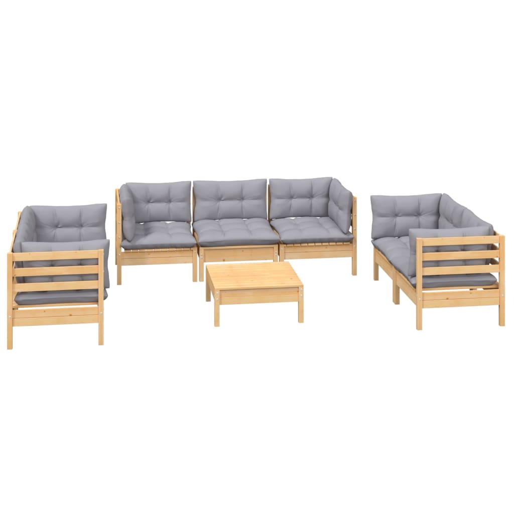 Garden furniture 8 pcs with gray cushions of solid pine wood