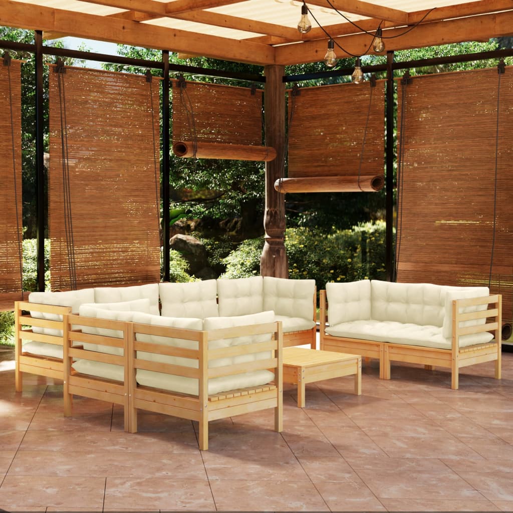 9 pcs garden furniture with cushions of solid pine wood